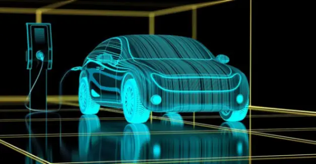 Electric car getting charged at home where the electric car as well as the electric charger in sketched in blue