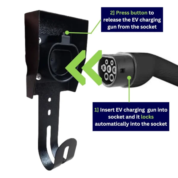 Insert EV charging gun into PME EV Charging Cable Holder With Type-2 Dummy Socket and press button to release the gun