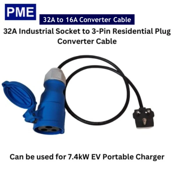 32A to 16A Converter EV Cable for EV charger 7.2kW with BALS industrial socket blue in color manufactured by PM Electronics