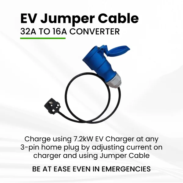 EV jumper cable 32A to 16A converter for 7.2kW EV charger using which the charger can be used at any 3-pin residential plugs