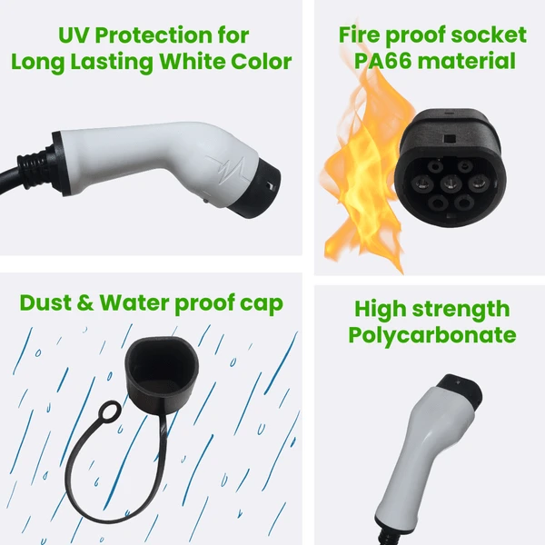 PME EV Charging Gun Type-2 having UV protection for long lasting white color, fire proof socket PA66 material, dust & waterproof cap and durable high strength polycarbonate body