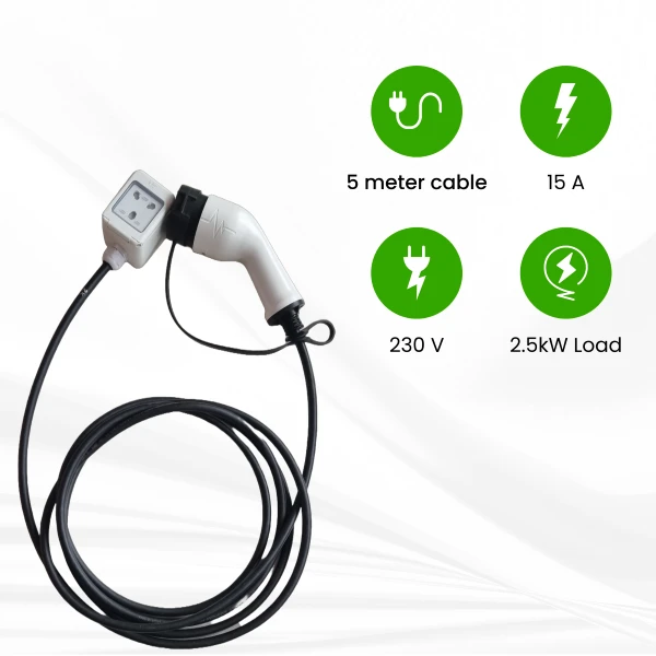 PME V2L Features like 5 meter cable, upto 15A current rating, 230 V AC voltage rating, upto 2.5kW load