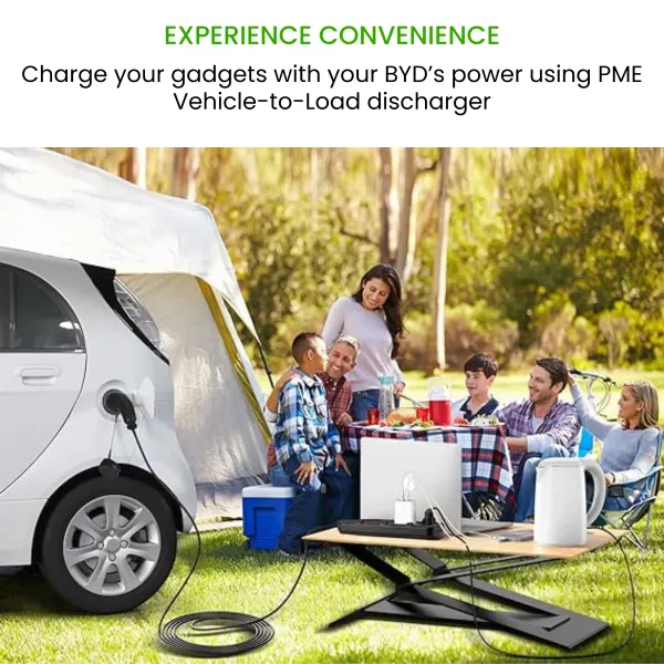 Vehicle to Load for BYD Atto3 which is giving power to devices like mobile phone charger, electric kettle, laptop in a forest picnic area to friends and family