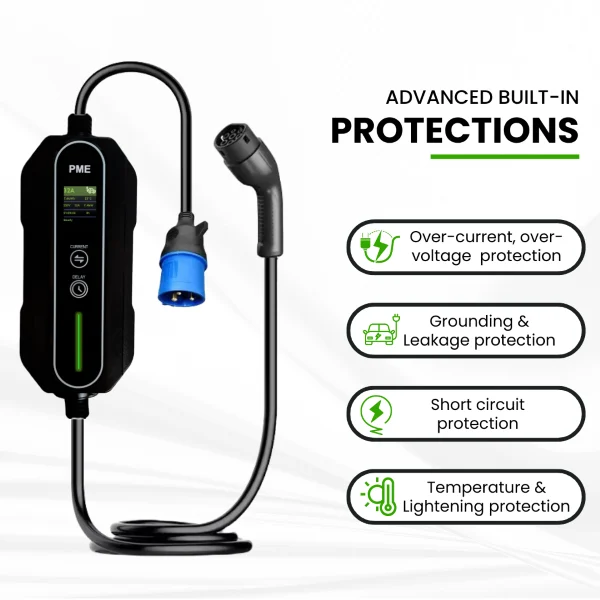 EV Charger 7.2kW by PME highlighting its over-current, over-voltage, grounding & leakage, short circuit and temperature & lightening protection