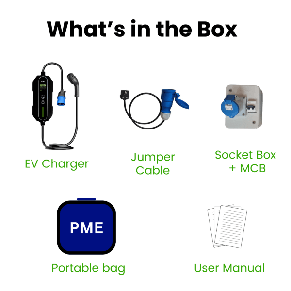 PME 7.2kW EV Charger full kit Box Contents viz. EV charger, Socket Box with MCB, Jumper cable, user manual and free carrying portable bag