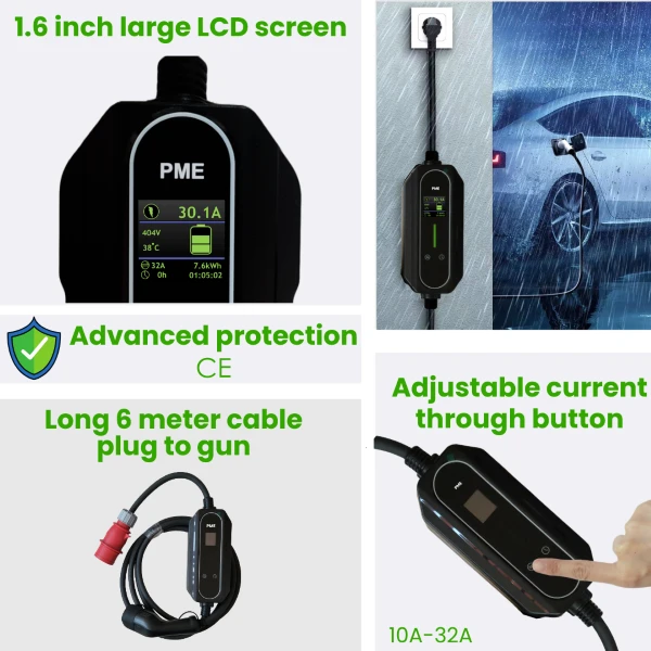 Portable EV Charger 22kW by PME which has 1.6 inch large LCD screen, IP67 waterproof protection, Long 6 meter cable length, Adjustable current 10A-32A and also advanced CE protection