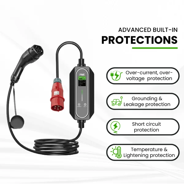 PME 22kW EV Charger Portable highlighting its over-current, over-voltage, grounding & leakage, short circuit and temperature & lightening protection